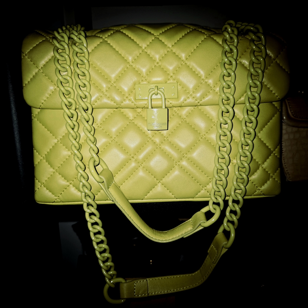 Kurt Geiger Quilted  Chartreuse Leather Chain Shoulder Bag
